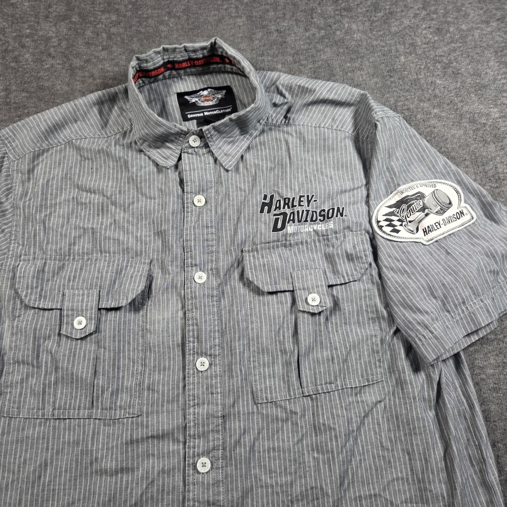 Harley-Davidson Shirt Mens Large Gray Striped Short Sleeve Button Front Patch
